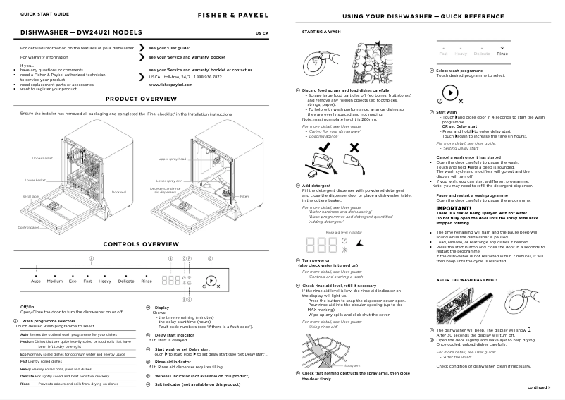 Page 1 de la notice Guide de démarrage rapide Fisher & Paykel DW24U2I1