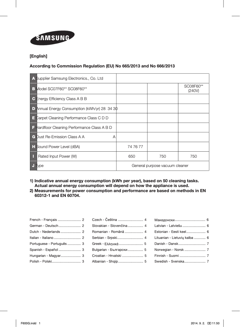 Page 1 de la notice Fiche technique Samsung SC07F60JV