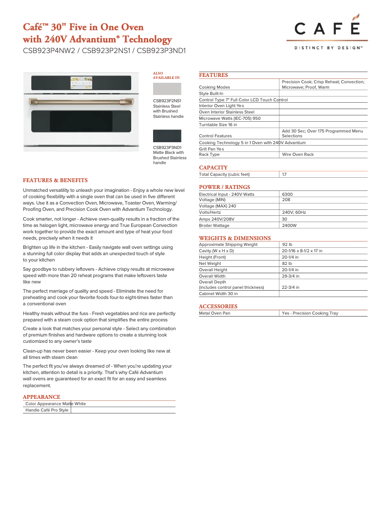 Página 1 del manual Ficha técnica GE Café CSB923P4NW2
