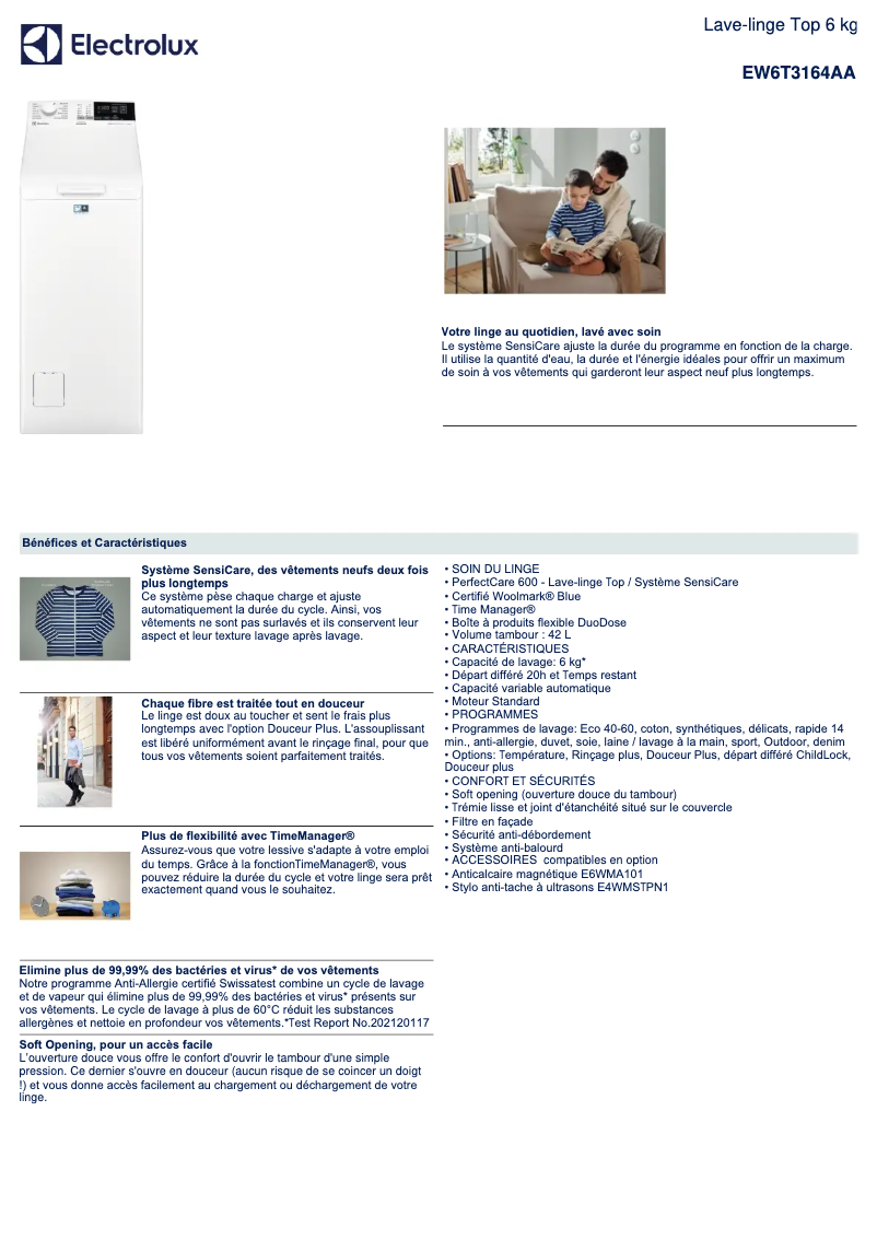 Page 1 de la notice Fiche technique Electrolux EW6T3164AA
