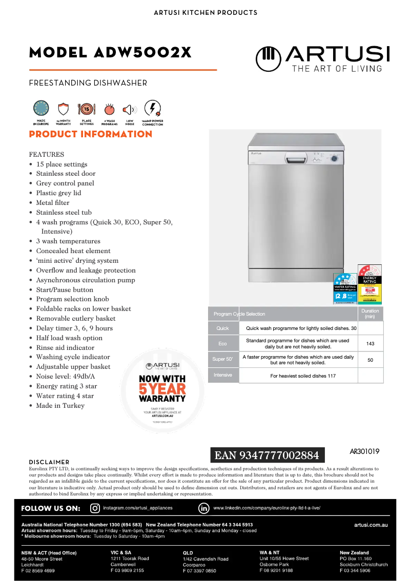 Page 1 de la notice Fiche technique Artusi ADW5002X