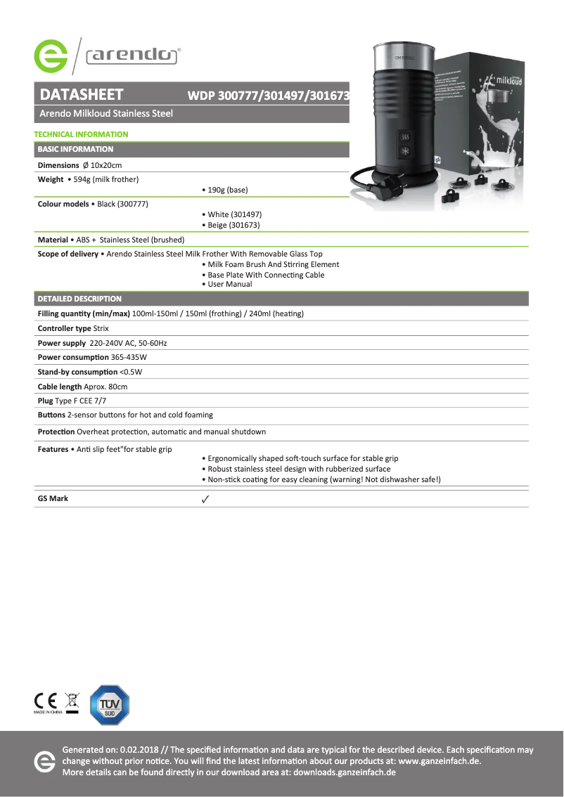 Página 1 del manual Ficha técnica Arendo Milkloud 300777