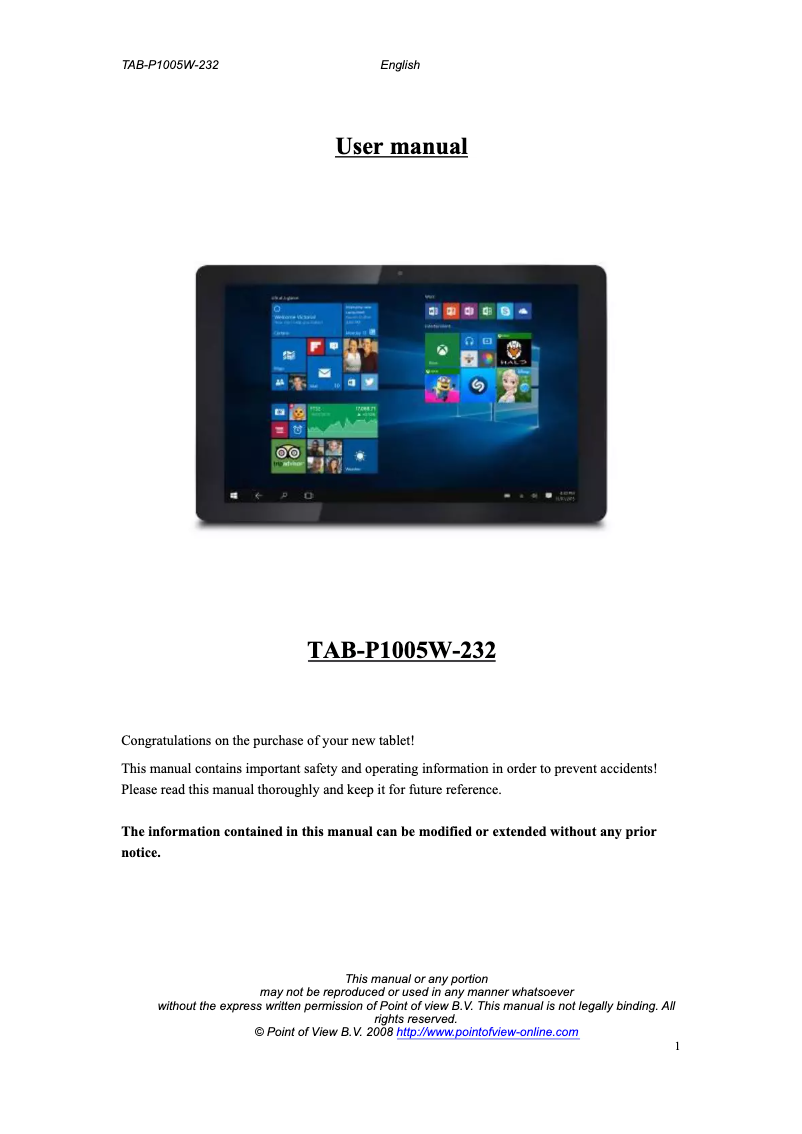 Page n°1 - Manuel utilisateur Point of View TAB-P1005W-232