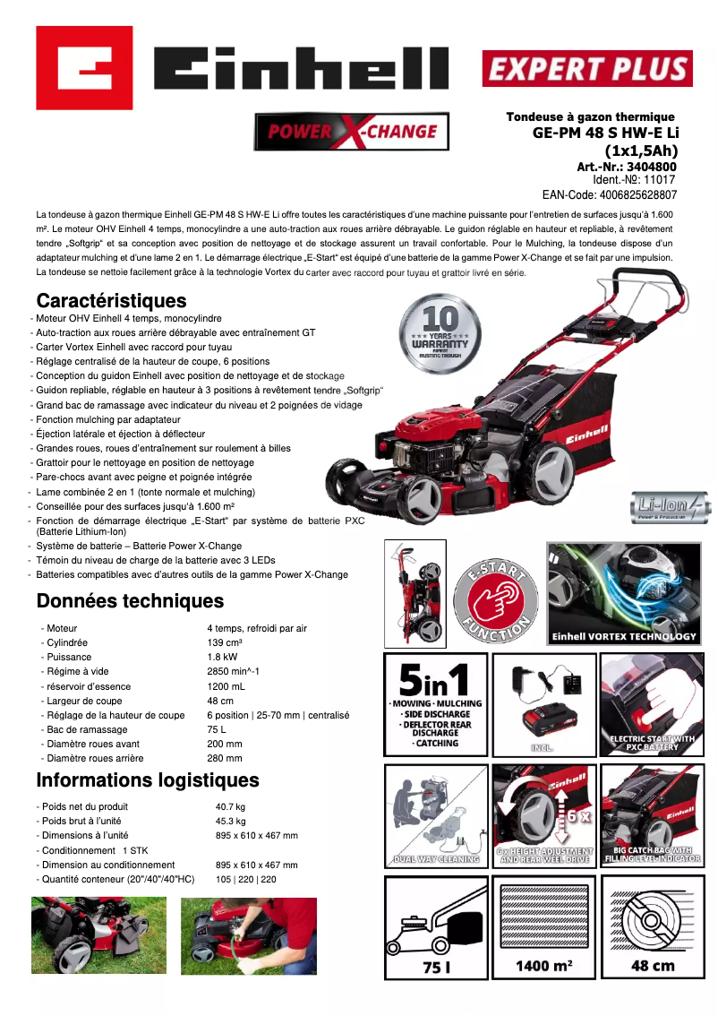 Page 1 de la notice Fiche technique Einhell GE-PM 48 S-HW E Li