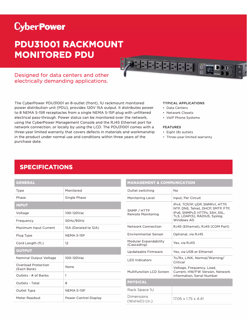 Page 1 de la notice Fiche technique CyberPower PDU31001