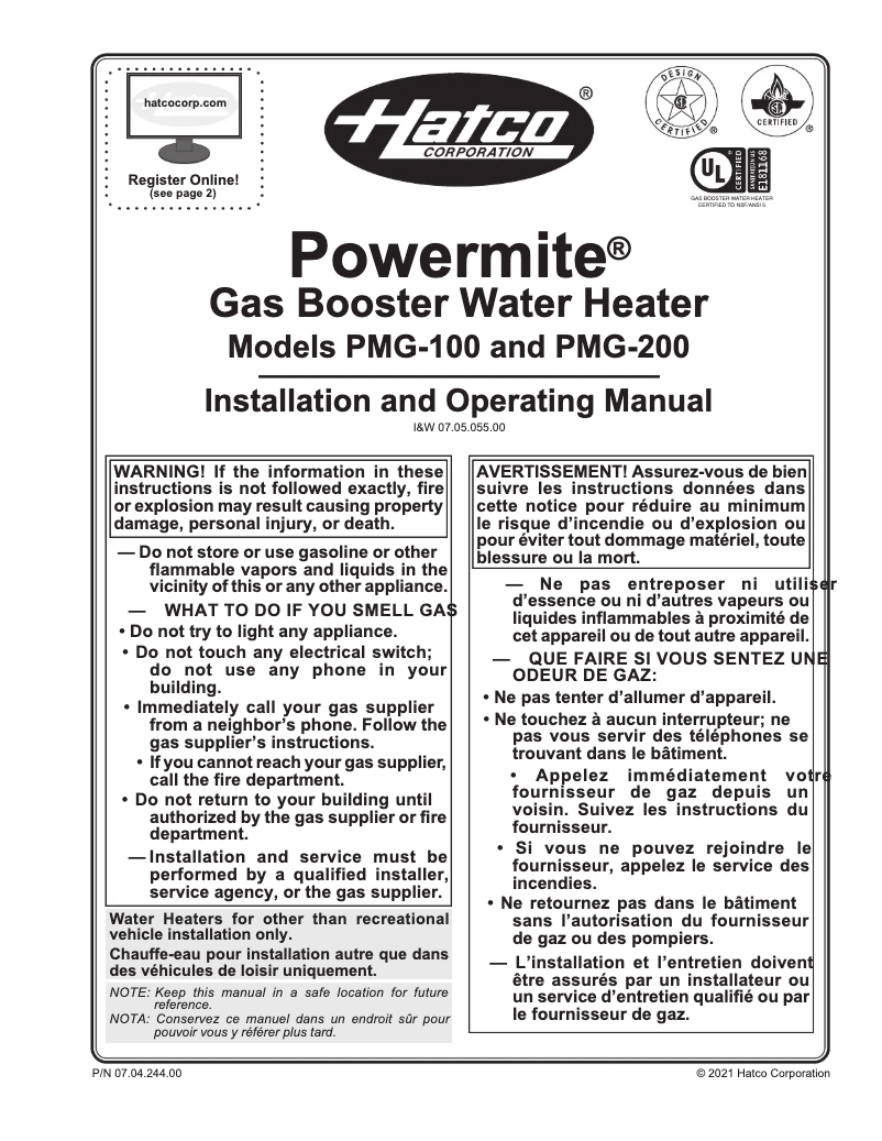 Page 1 de la notice Manuel utilisateur Hatco Powermite PMG-100