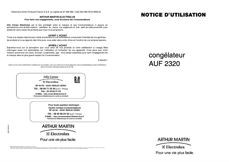 Page 1 de la notice Manuel utilisateur Arthur Martin-Electrolux AUF 2320