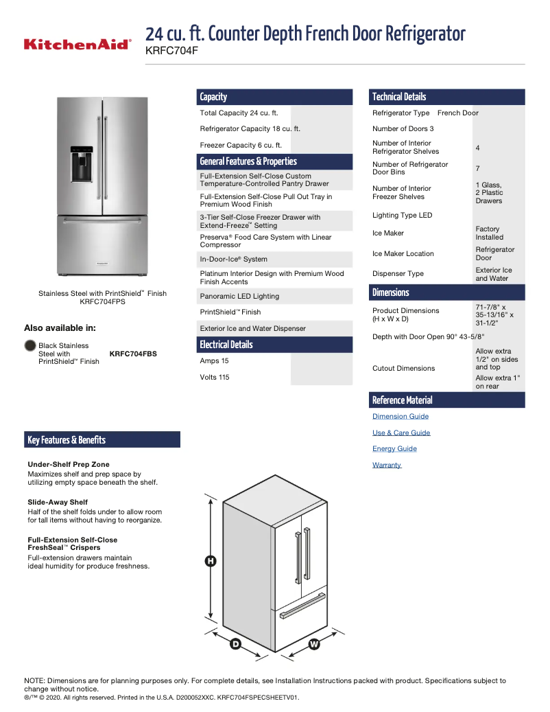 Page n°1 - Fiche technique KitchenAid KRFC704FPS
