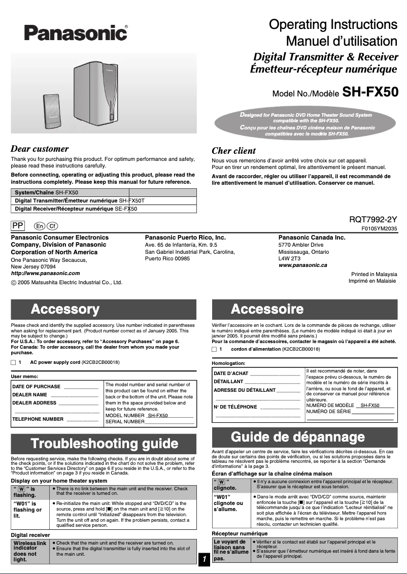 Page 1 de la notice Manuel utilisateur Panasonic SH-FX50
