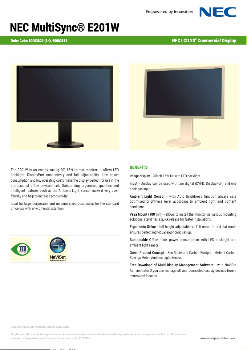 Page 1 de la notice Fiche technique NEC MultiSync E201W