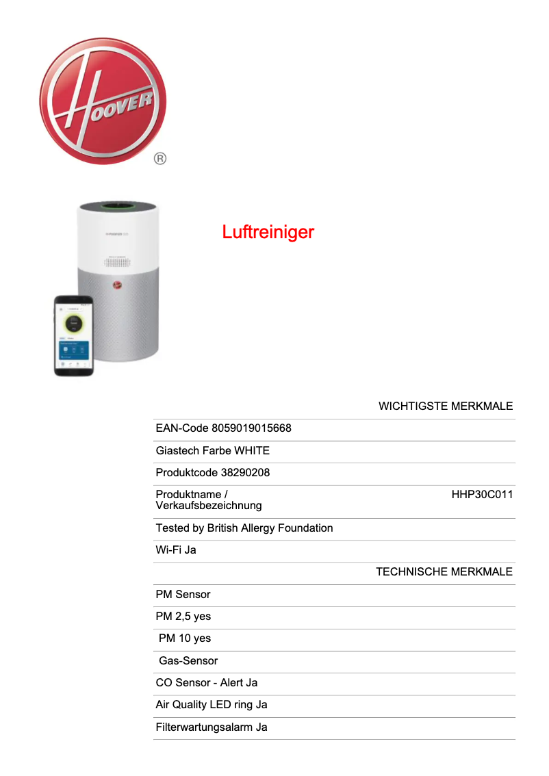 Page 1 de la notice Fiche technique Hoover H-PURIFIER 300 HHP30C011