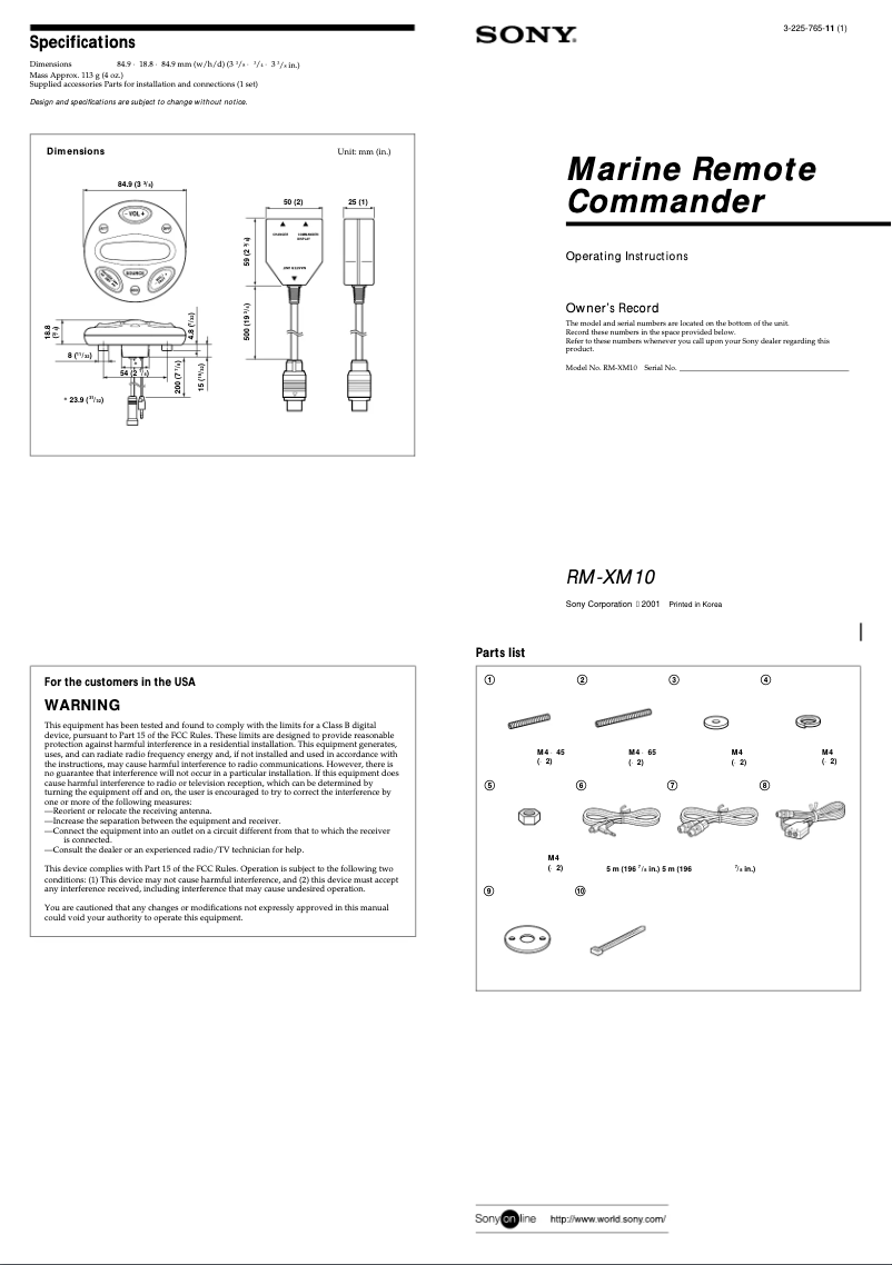 Image de la première page du manuel de l'appareil RM-XM10B