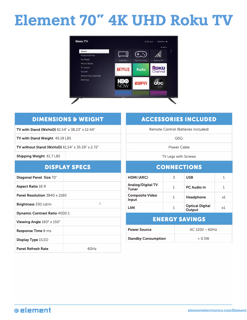 Page 1 de la notice Fiche technique Element Roku TV E4SW7019RKU