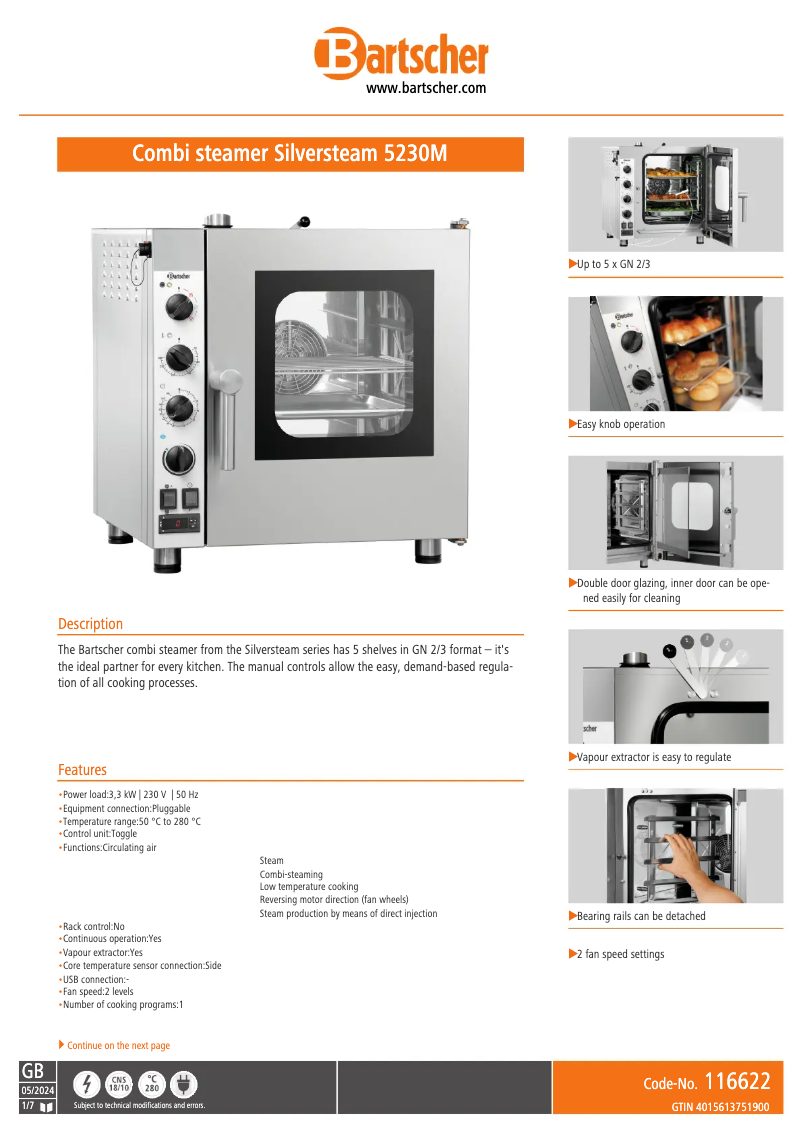 Page 1 de la notice Fiche technique Bartscher 116622