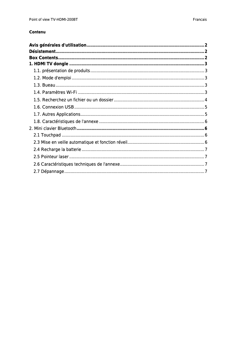 Page 1 de la notice Manuel utilisateur Point of View TV-HDMI-200BT