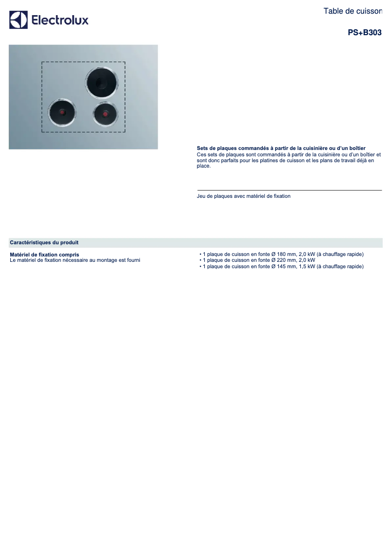 Page 1 de la notice Fiche technique Electrolux PS+B303