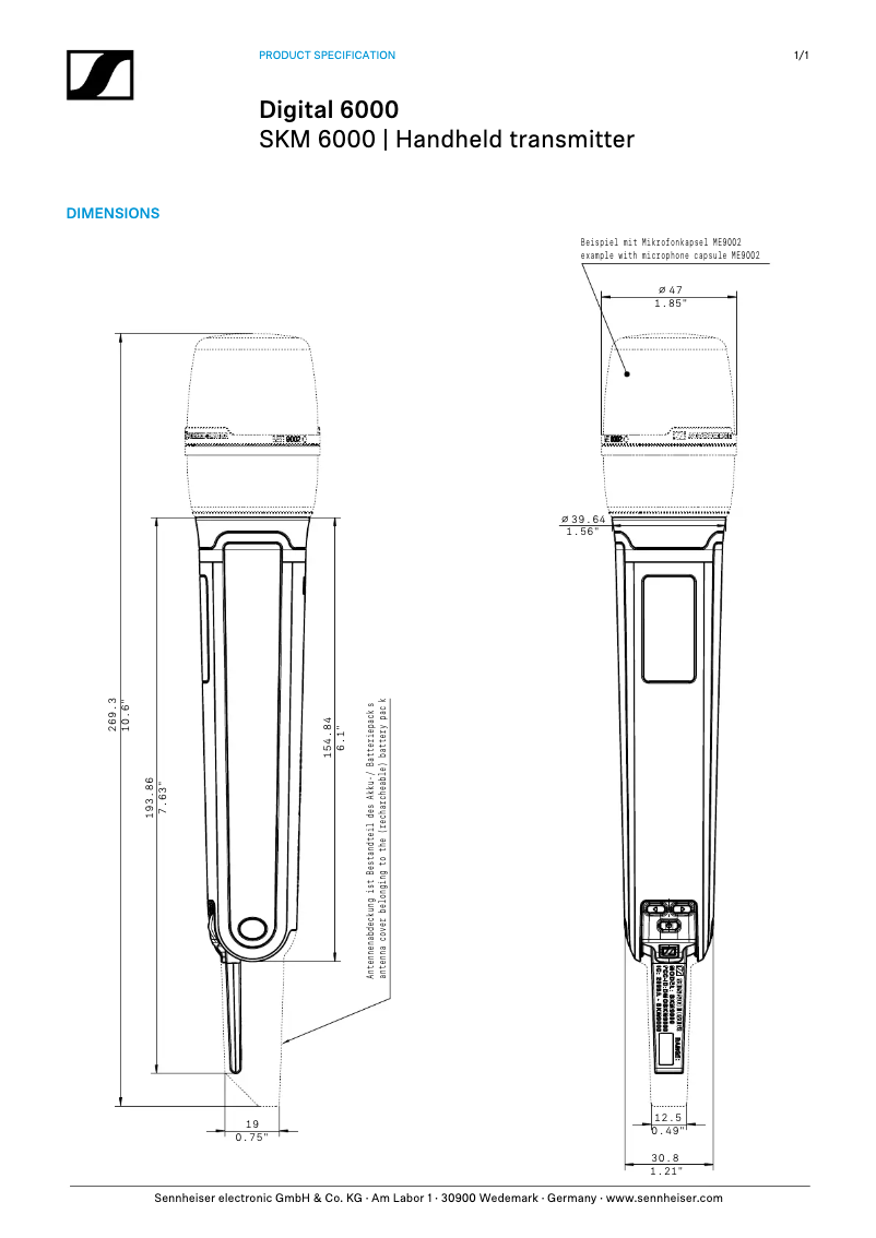 Page 1 de la notice Dessin technique Sennheiser SKM 6000