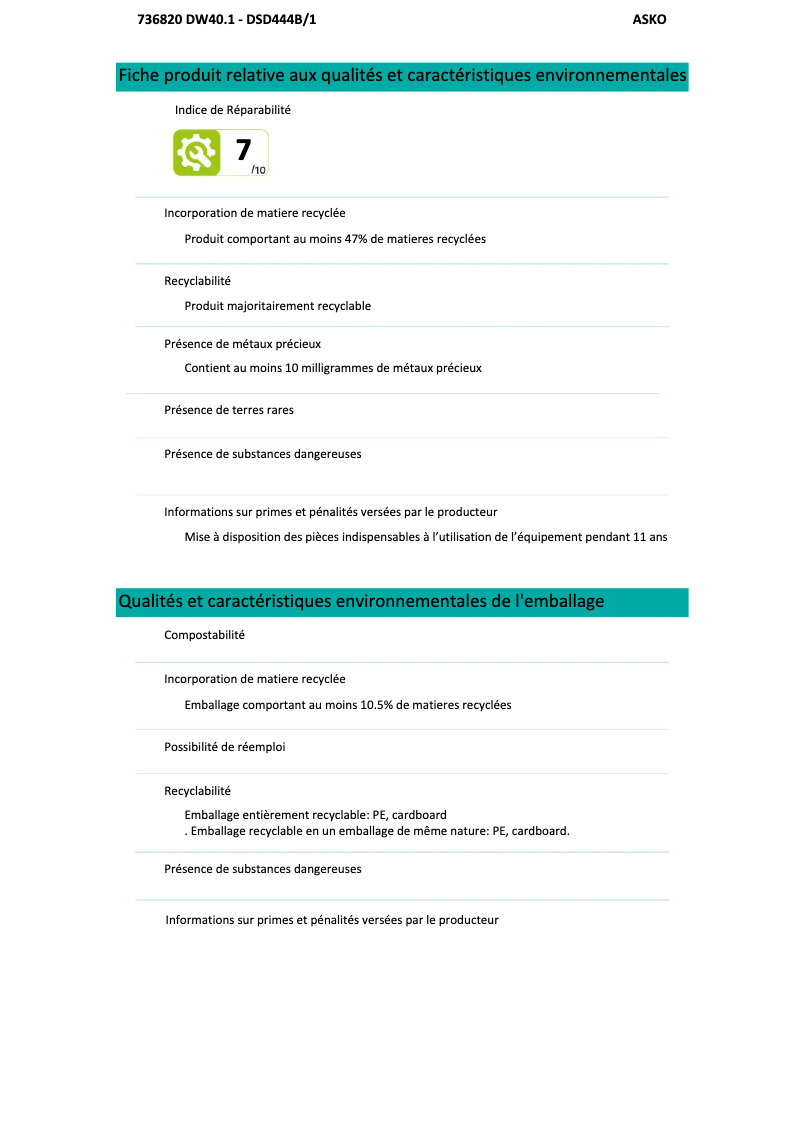 Page n°1 - Fiche technique Asko DSD444B