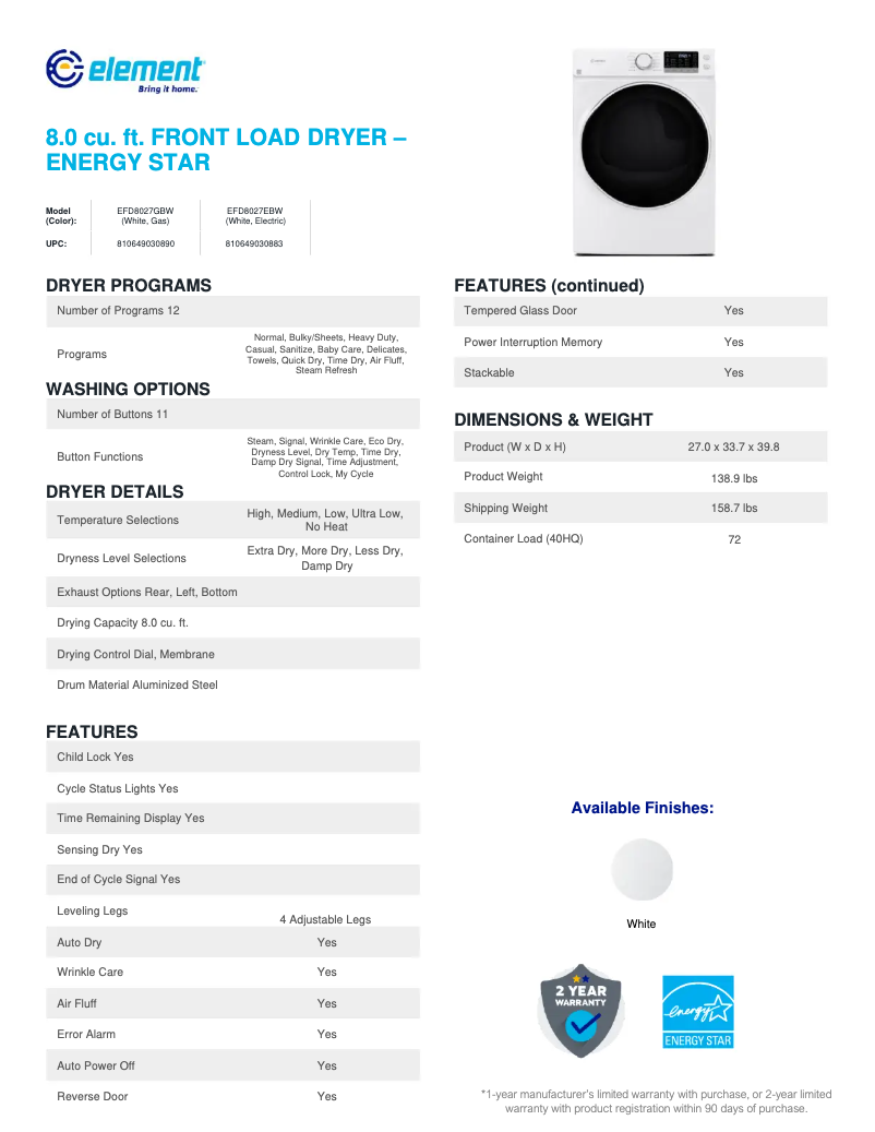 Page 1 de la notice Fiche technique Element EFD8027GBW