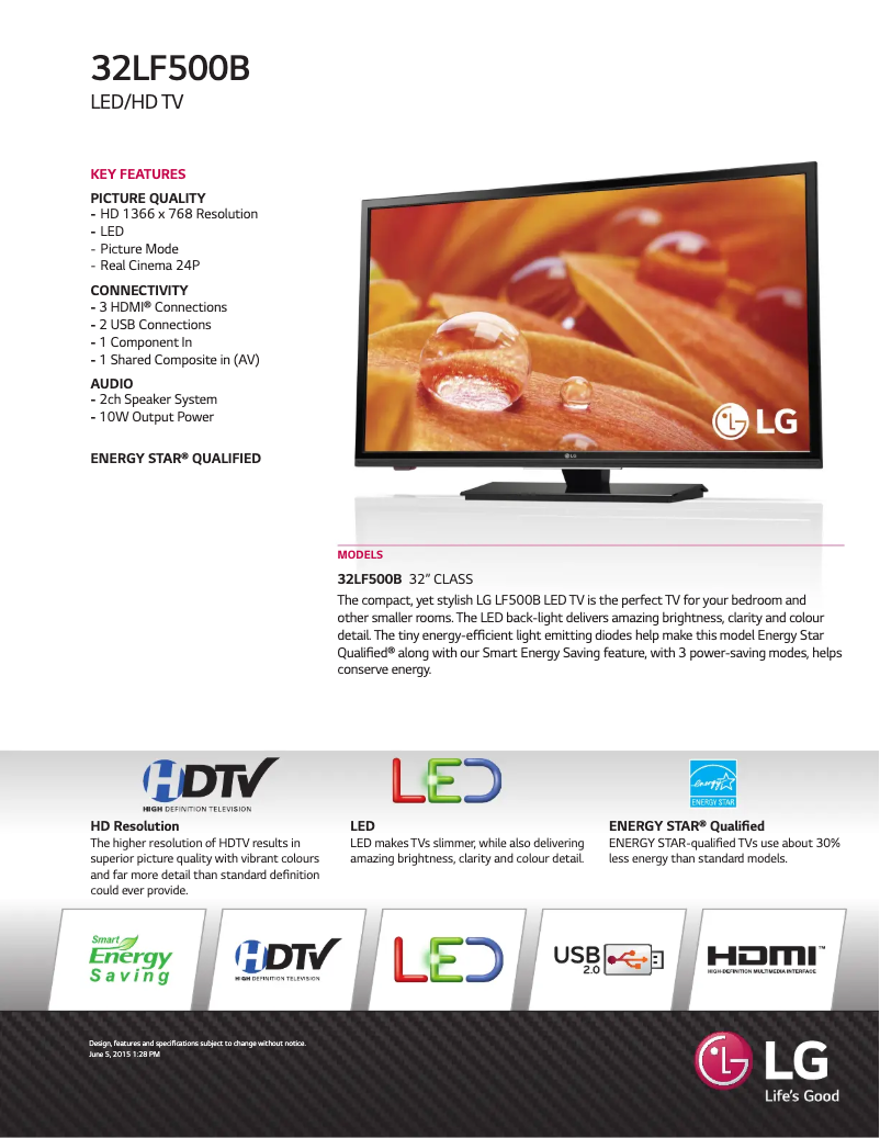 Page 1 de la notice Fiche technique LG 32LF500B