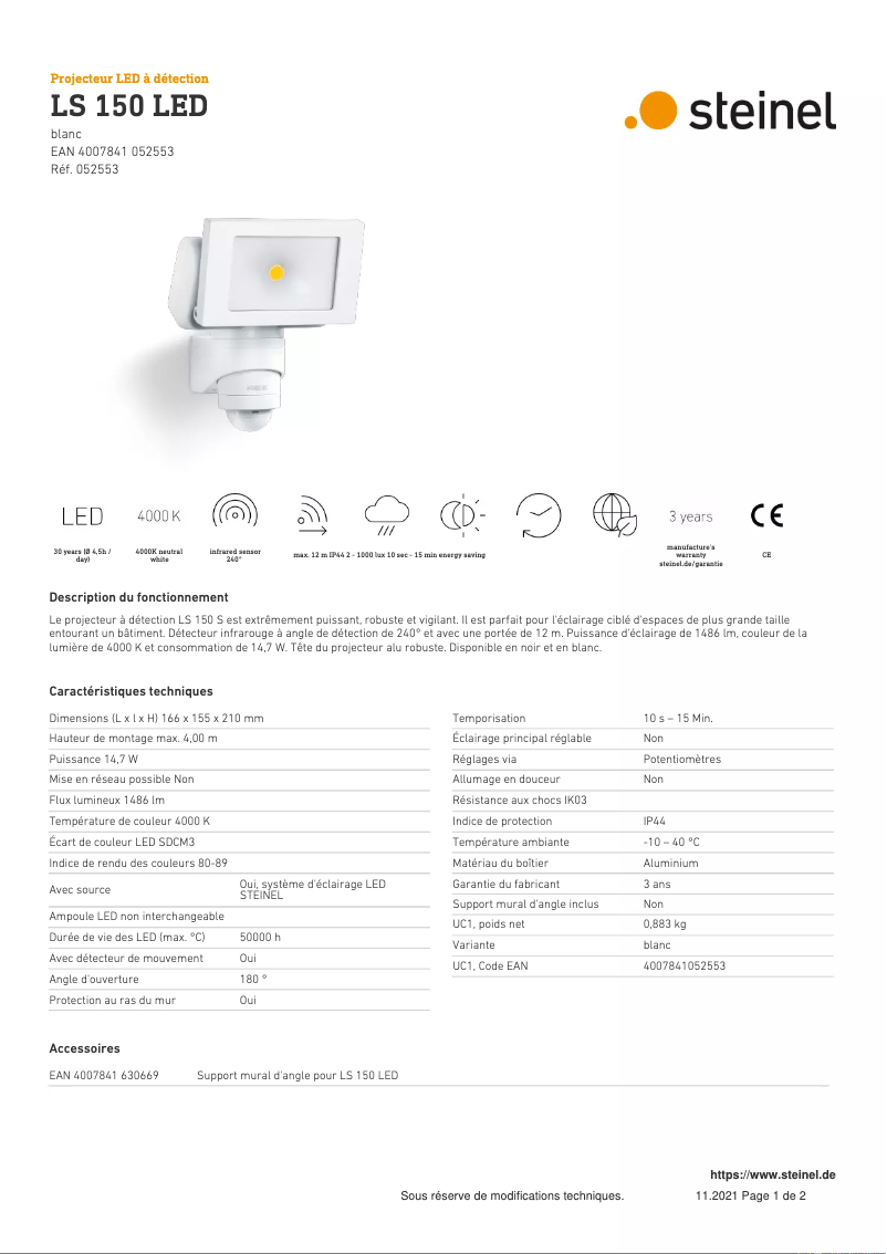 Page 1 de la notice Fiche technique Steinel LS 150 LED