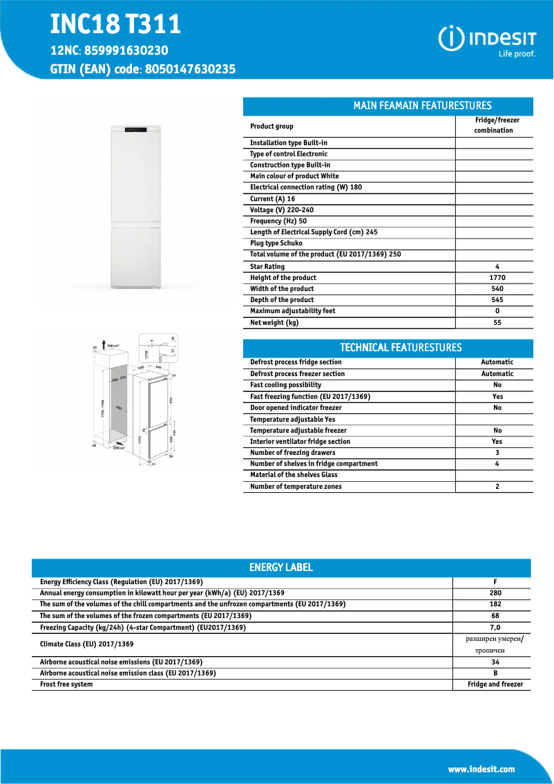 Page n°1 - Fiche technique Indesit INC18 T311