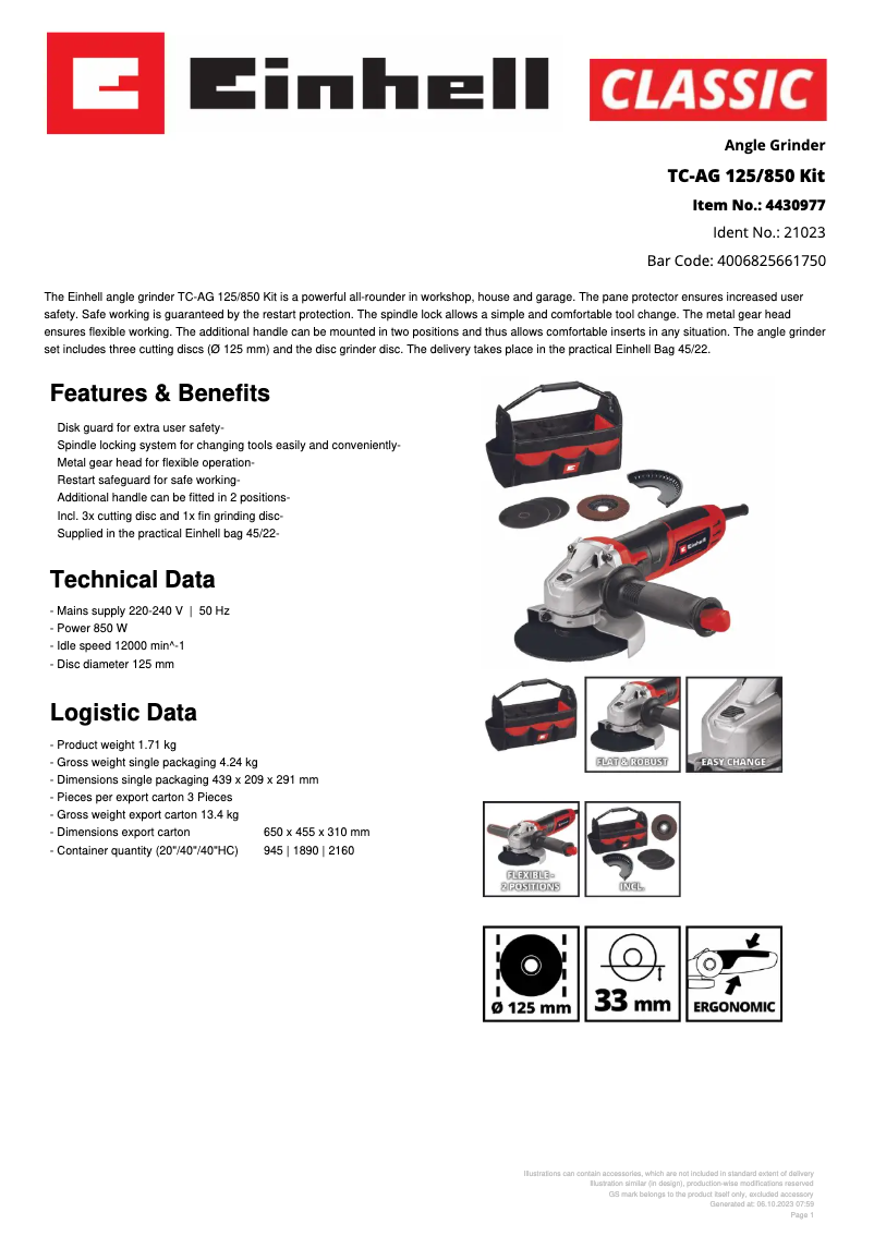 Page 1 de la notice Fiche technique Einhell TC-AG 125/850