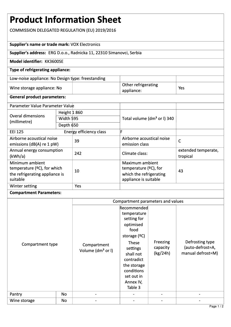 Page 1 de la notice Fiche technique VOX KK 3600 SE