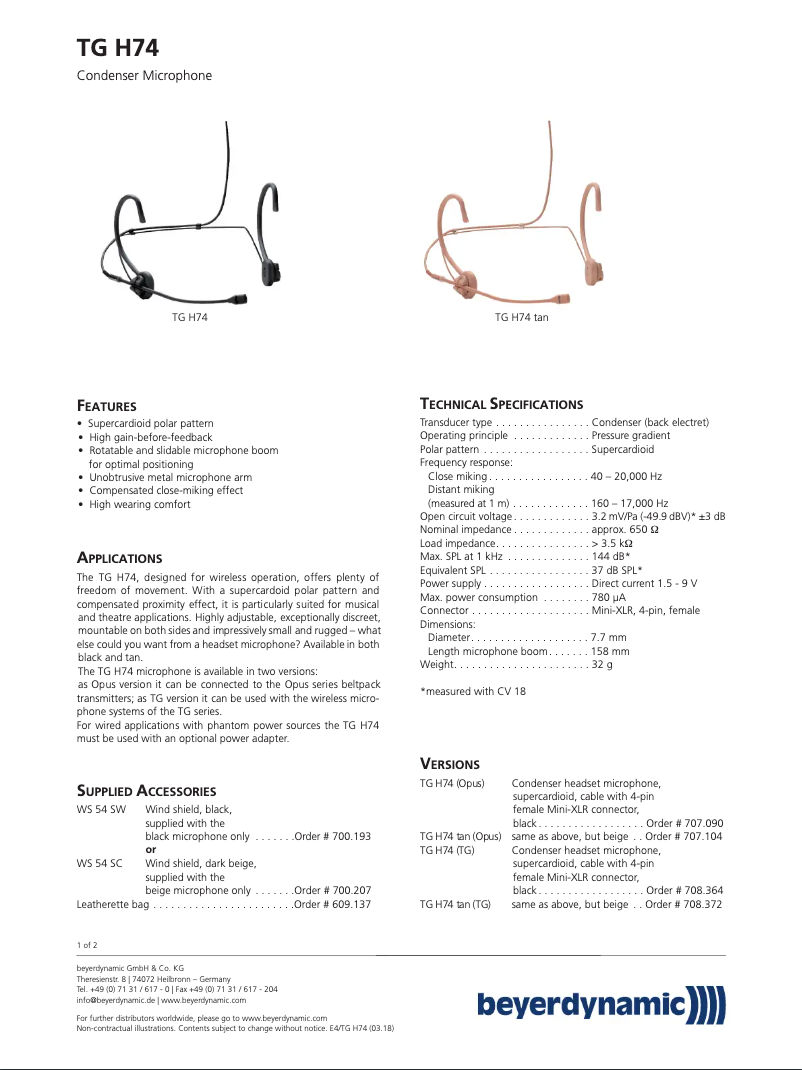 Page n°1 - Fiche technique Beyerdynamic TG H74