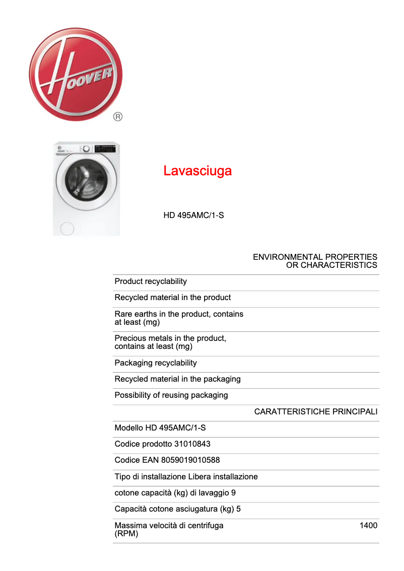 Page 1 de la notice Fiche technique Hoover H-WASH&DRY 500 HD 495AMC/1-S