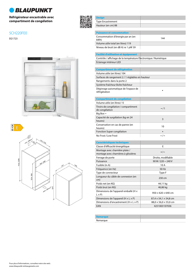 Page n°1 - Fiche technique Blaupunkt 5CH220FE0