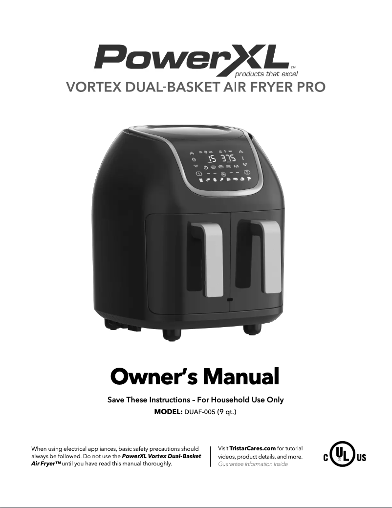 Image de la première page du manuel de l'appareil Vortex Dual Basket Air Fryer Pro DUAF-005