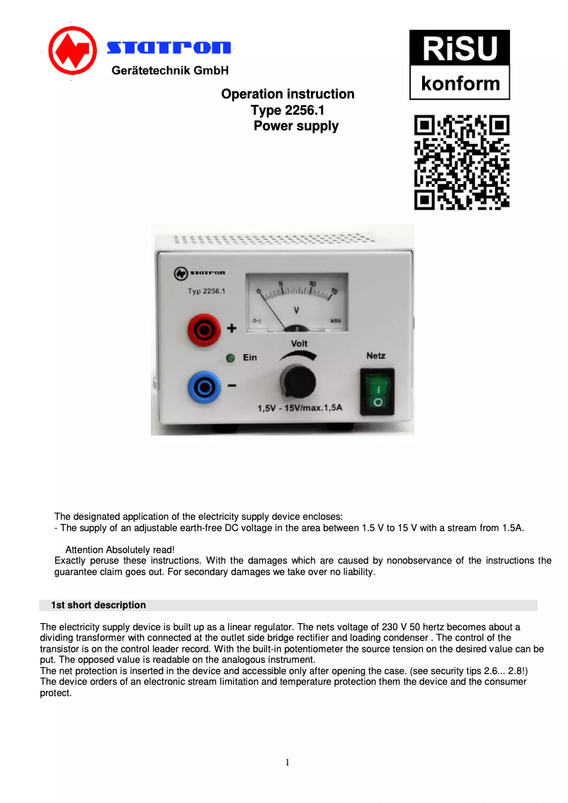 Page n°1 - Manuel utilisateur Statron 2256.1