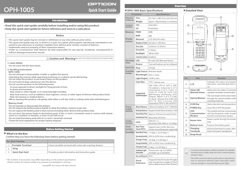 Page 1 de la notice Manuel utilisateur Opticon OPH1005