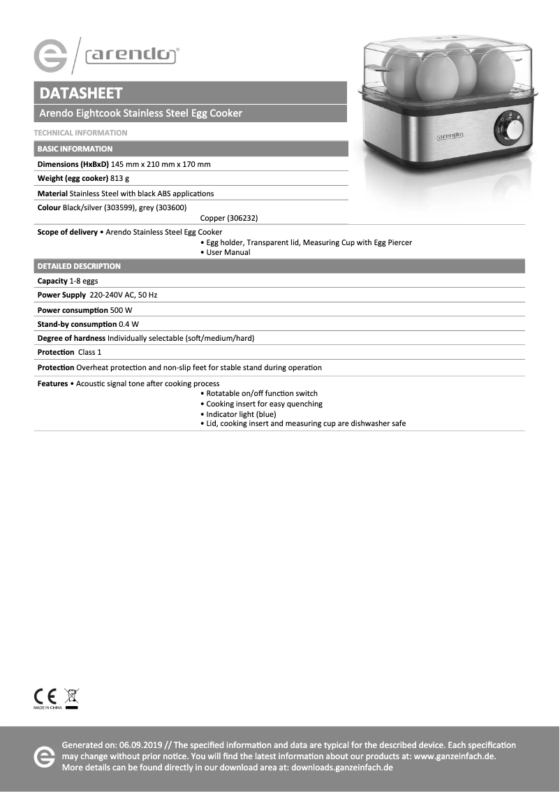 Page 1 de la notice Fiche technique Arendo Eightcook 306232