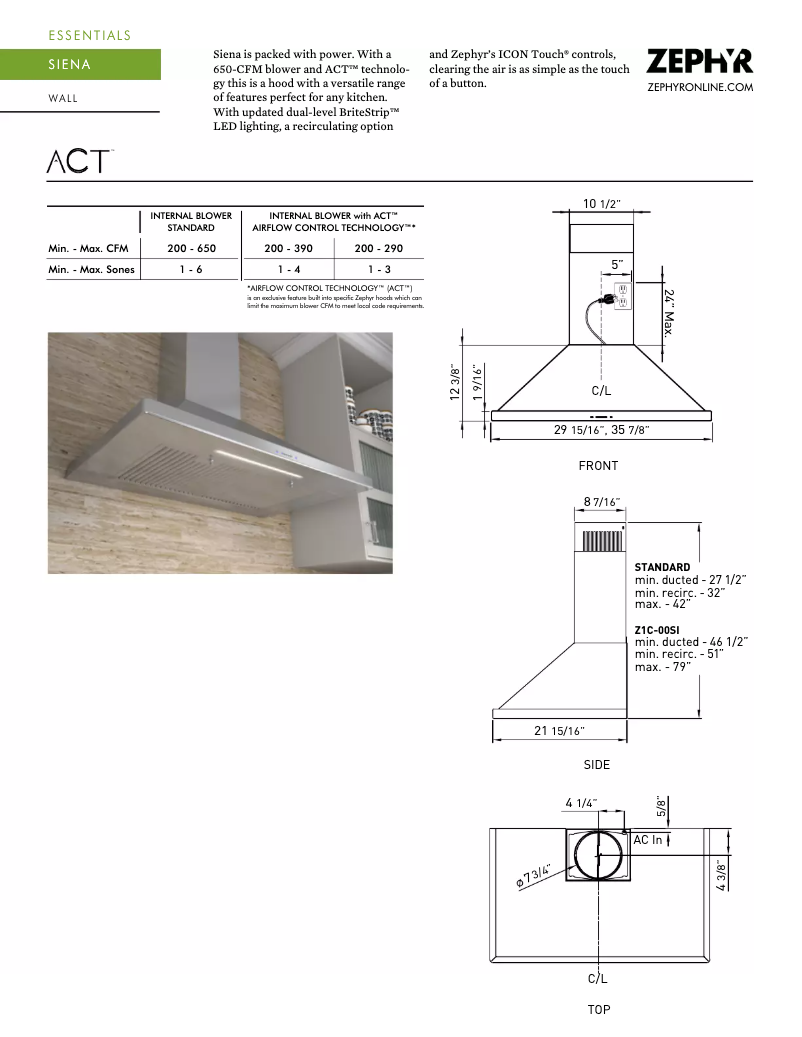 Page n°1 - Fiche technique Zephyr ZSIE30BS