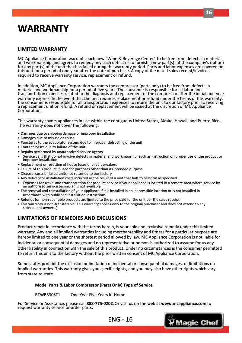 Page 1 de la notice Informations de garantie Magic Chef BTWB530ST1