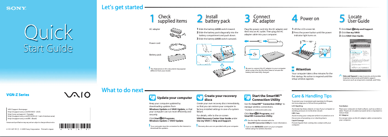Page 1 de la notice Guide d'installation Sony Vaio VGN-Z820D