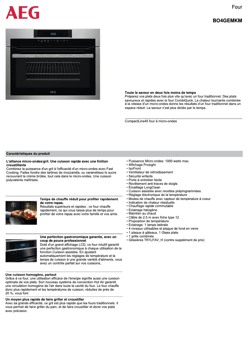 Page 1 de la notice Fiche technique AEG BO4GEMKM