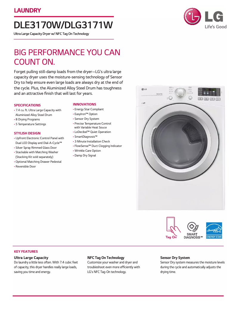 Page 1 de la notice Fiche technique LG DLE3170