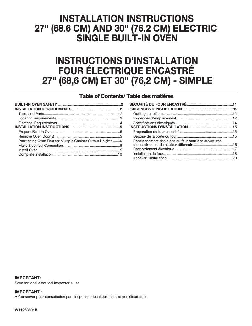 Page 1 de la notice Guide d'installation Whirlpool WOS31ES7JS