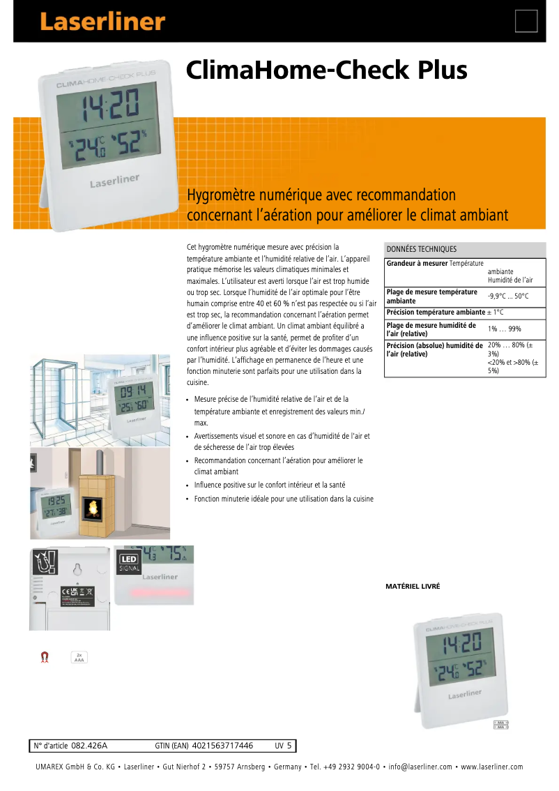 Page 1 de la notice Fiche technique Laserliner ClimaHome-Check Plus