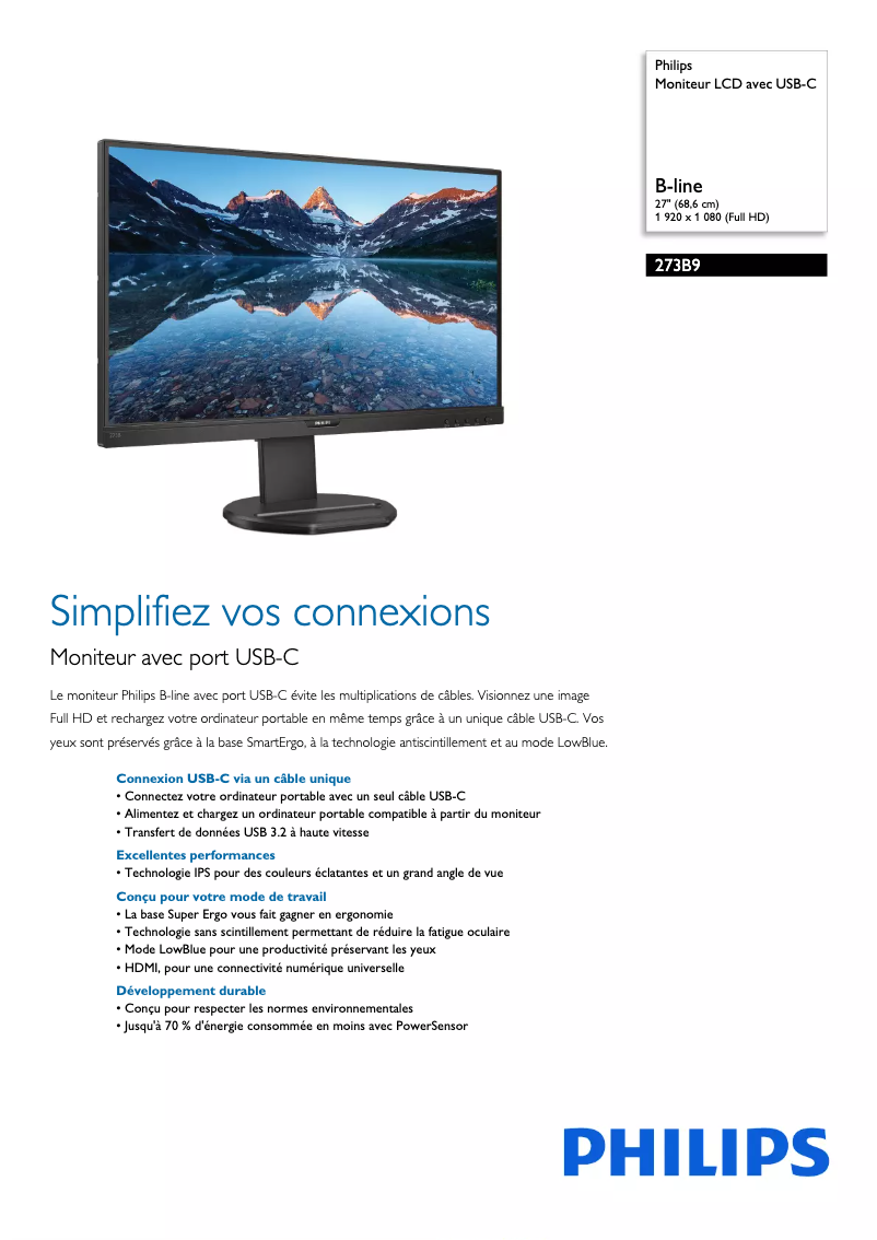 Page 1 de la notice Fiche technique Philips 273B9