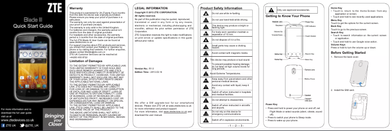 Page 1 de la notice Guide de démarrage rapide ZTE Blade III