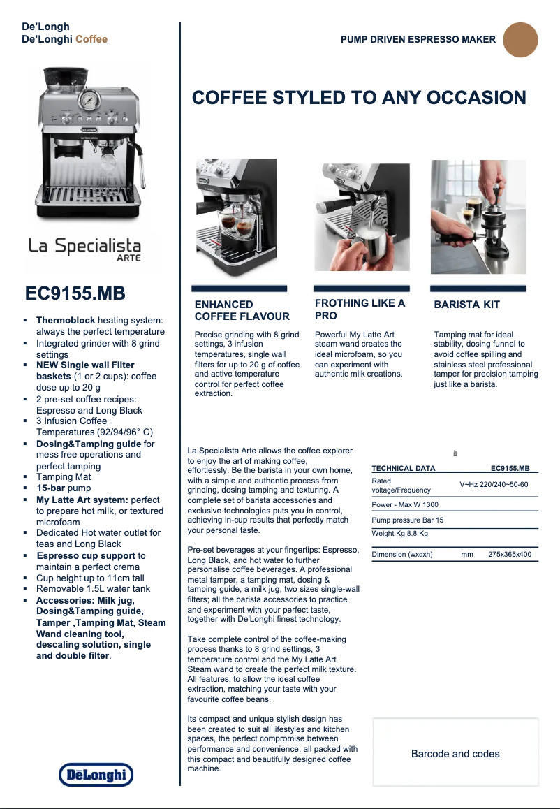 Page n°1 - Fiche technique DeLonghi La Specialista Arte EC9155