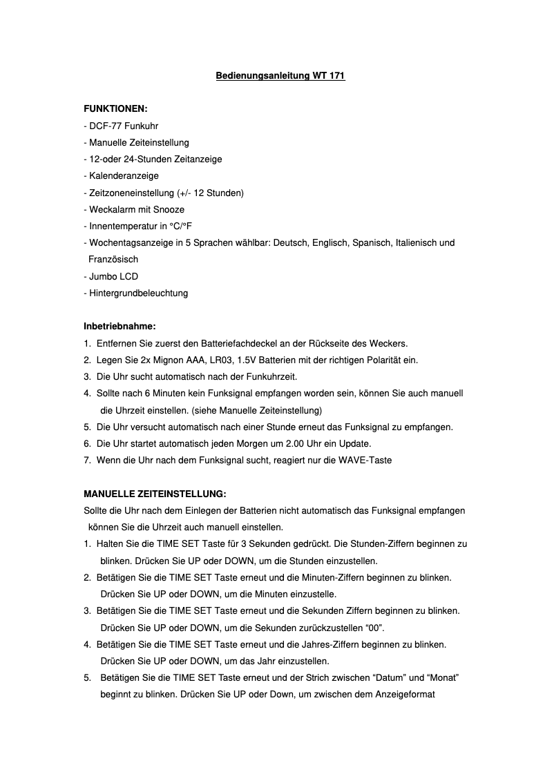 Page 1 de la notice Manuel utilisateur Techno Line WT 171