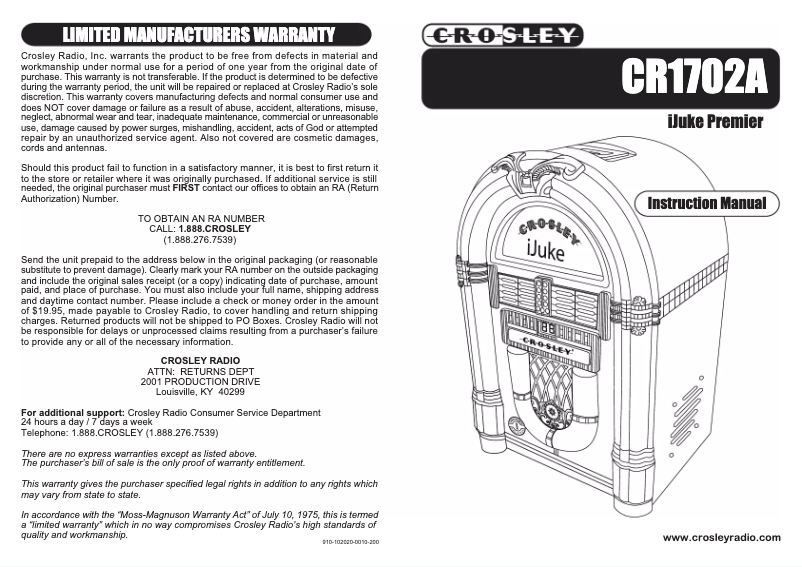 Page 1 de la notice Manuel utilisateur Crosley iJuke Premier CR1702A