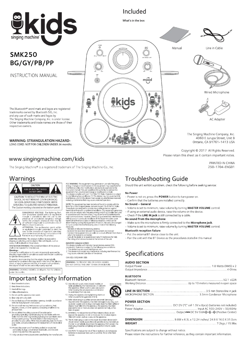 Página 1 del manual Manual de usuario Singing Machine Kids SMK250