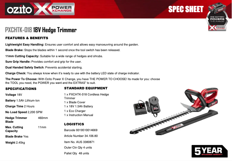 Page 1 de la notice Fiche technique Ozito PXCHTK-018