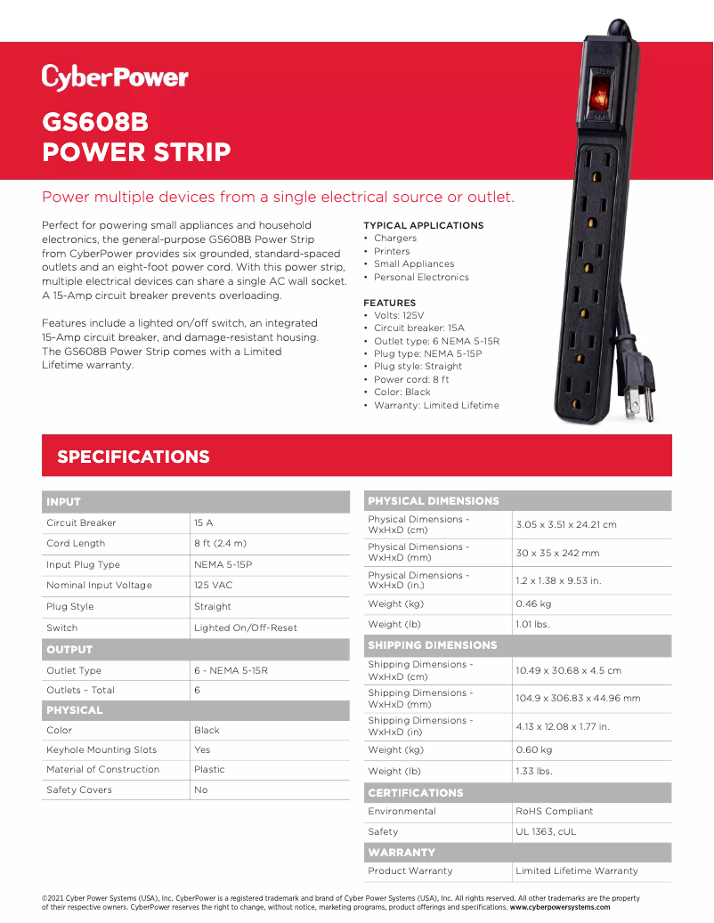 Page 1 de la notice Fiche technique CyberPower GS608B